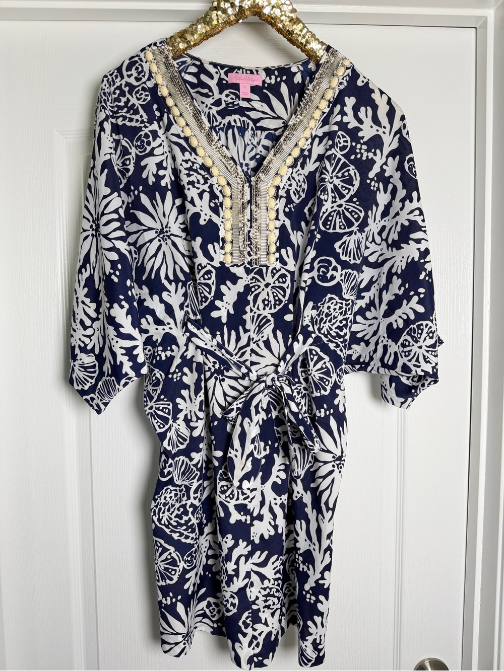 Lilly Pulitzer Wilda Bright Navy In The Groove Beaded Neck Caftan Dress